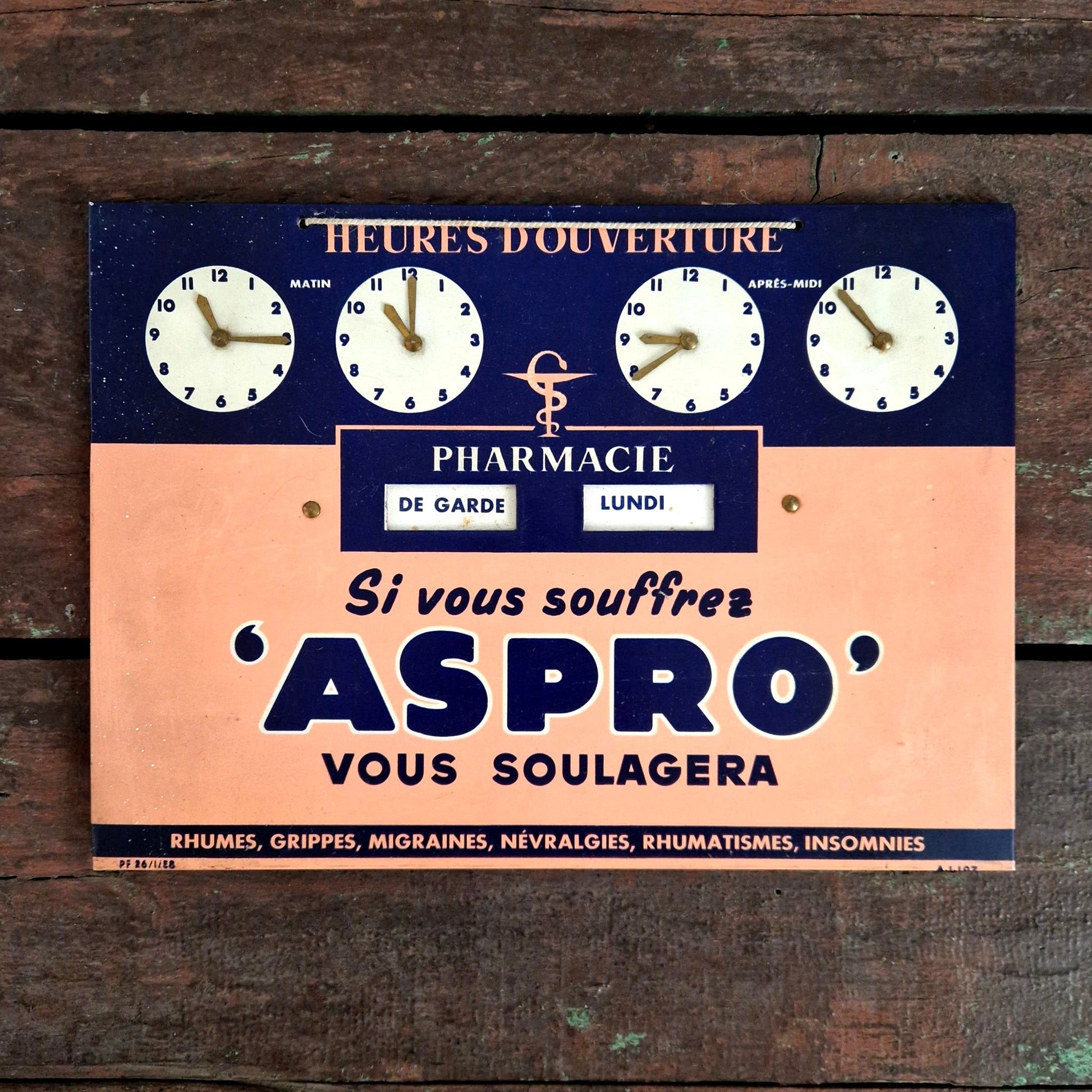 plaque horaire pharmacie aspro 1950
