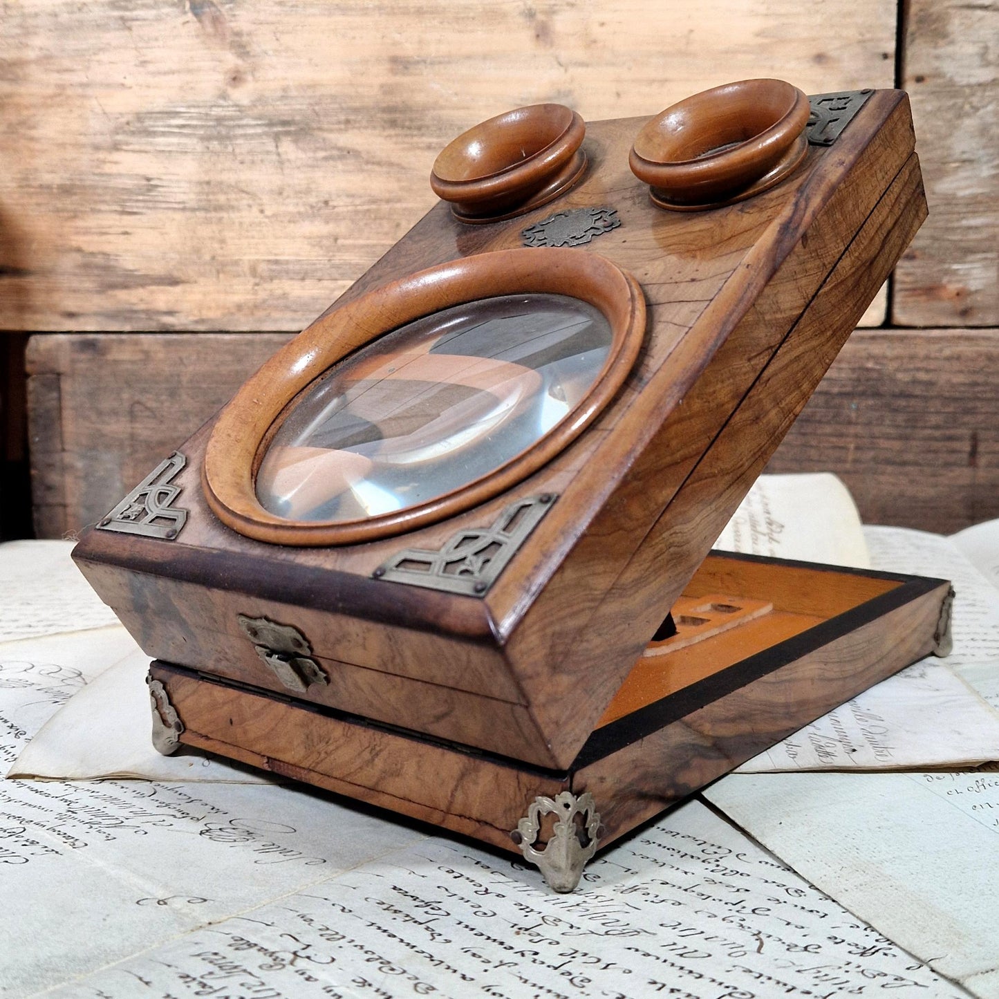 stereoscopic table viewer wood inlay