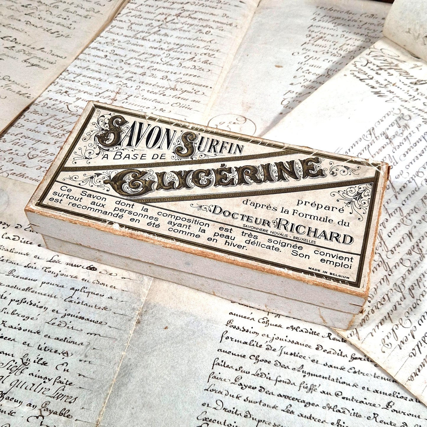 vintage belgian soap packaging typography