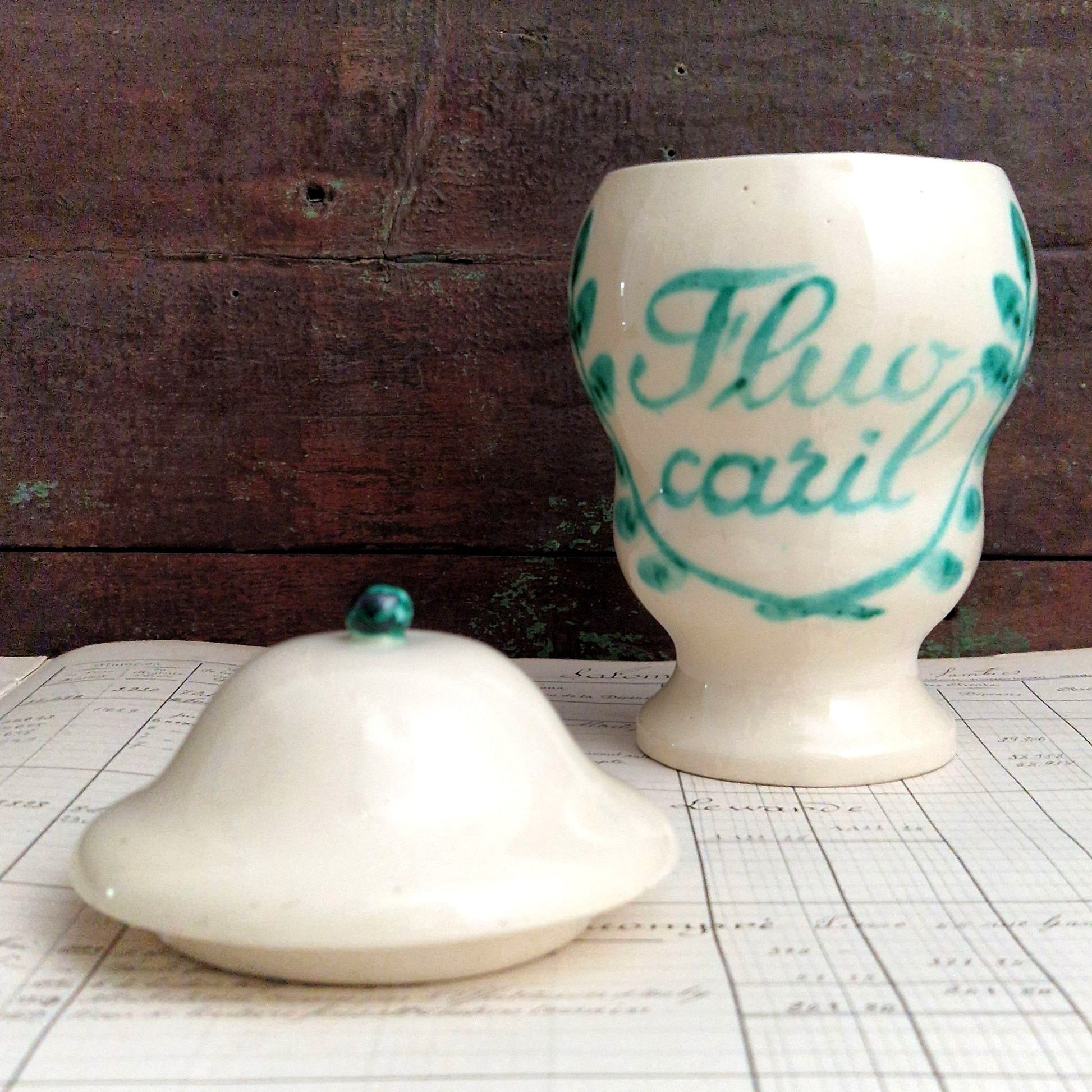 vintage fluocaril ceramic advertising jar