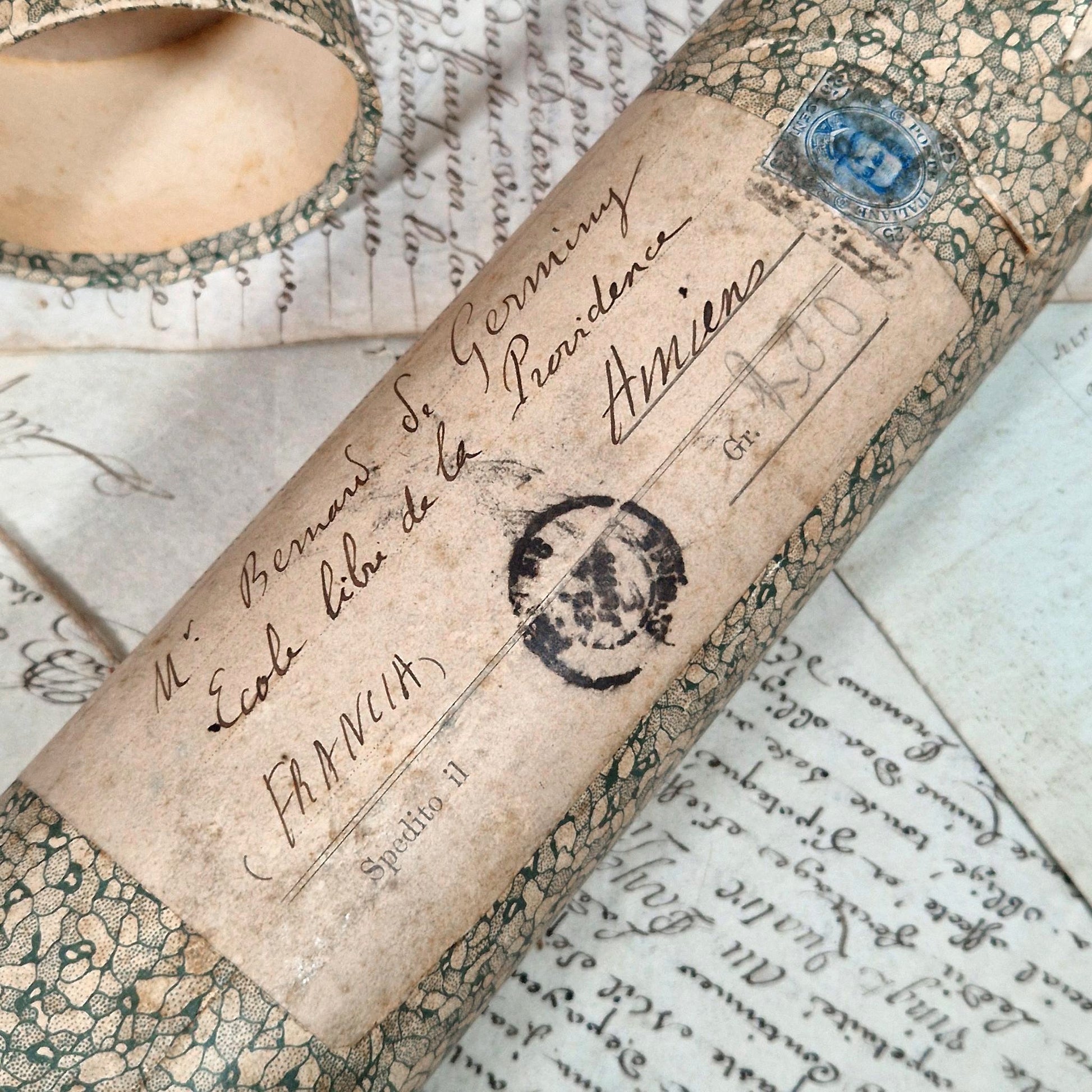 vintage mailing tube with italian stamp