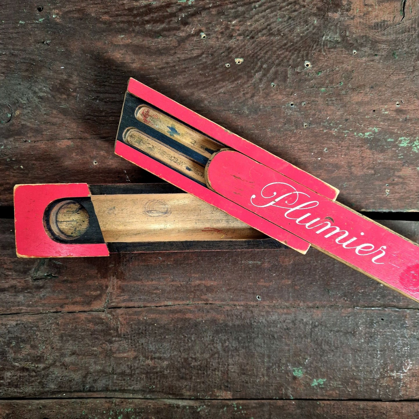vintage wood pencil case red