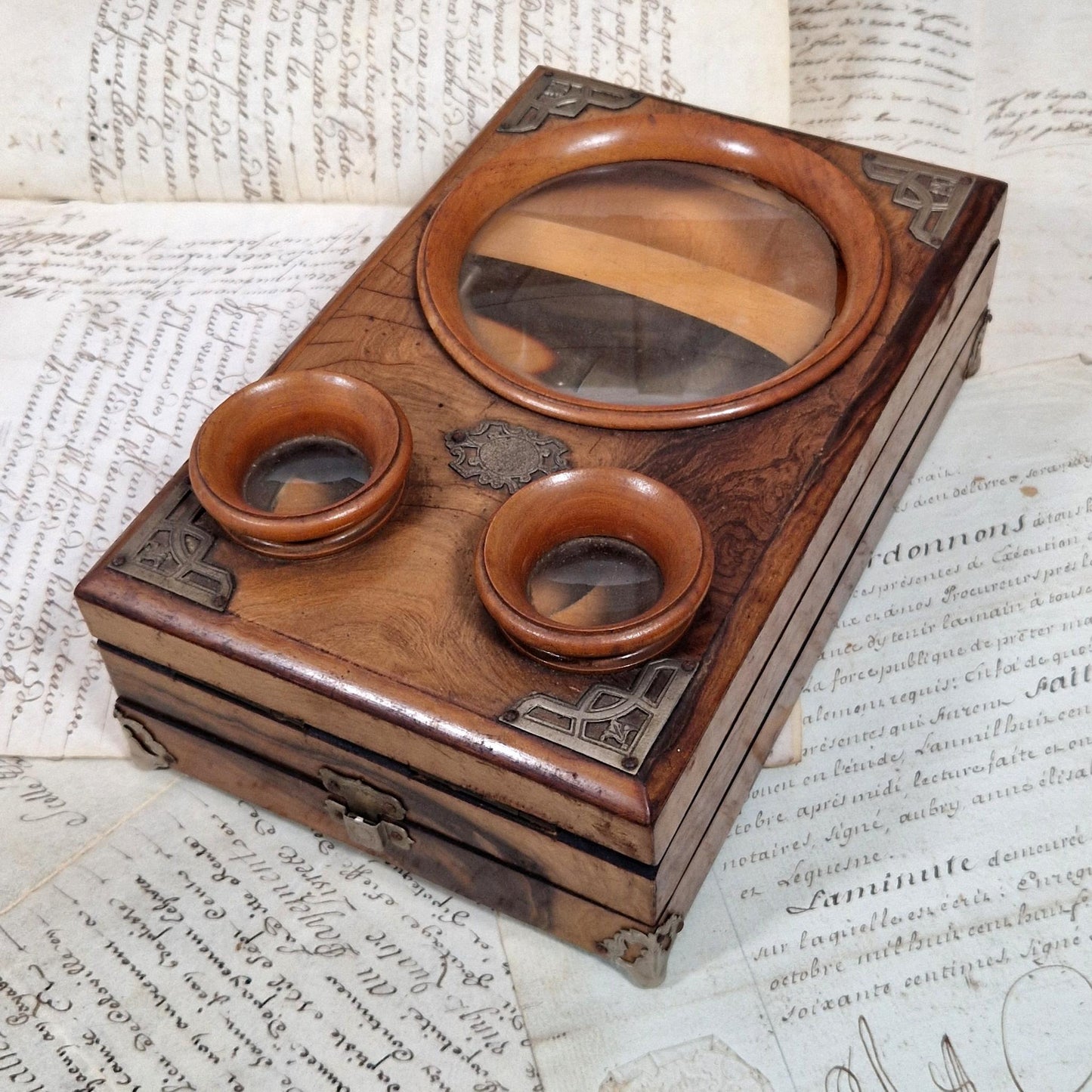 visionneuse stereoscopique loupe photo bois marquete